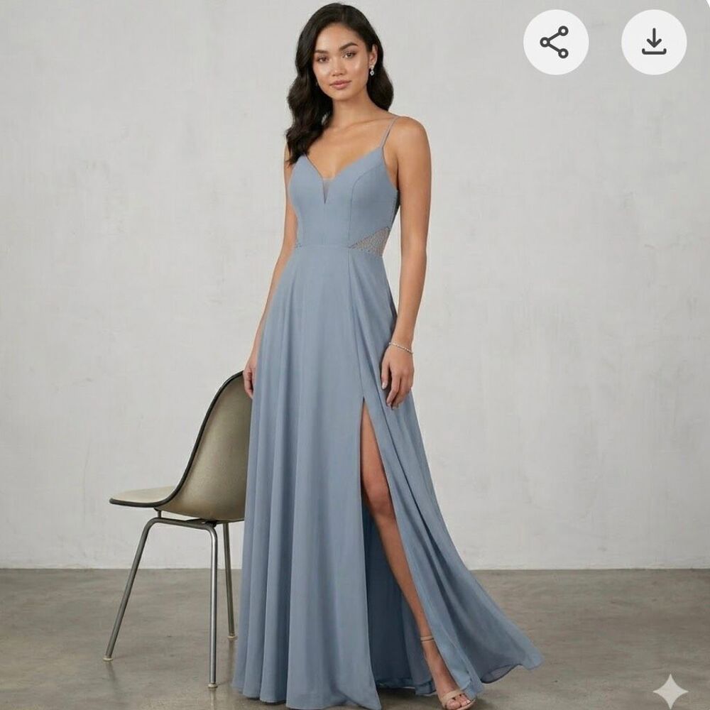 Azazie bridesmaid prom formal Haleigh Steel Blue Chiffon & Lace Maxi Dress - Wom